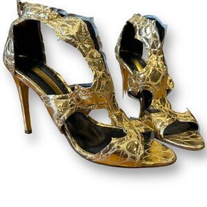 Rupert Sanderson Gold Gladiator Croc Reptile Leaf Print open Toe Heel Sandals